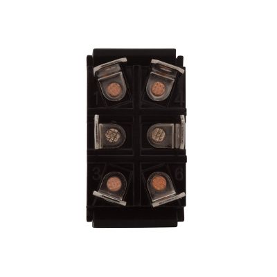 DPDT plastic toggle switch with multiple copper terminals in a compact, rectangular black housing.