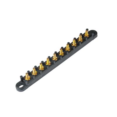 Ten stud terminal block with brass studs, ideal for electrical connections, featuring a durable black base and compact design.
