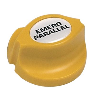 Yellow knob for a BEP battery switch that has the words Emergency Parallel on it.
