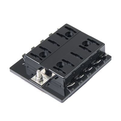 Blade-type fuse panel with 10 slots, featuring a black plastic design. Ideal for electrical distribution and protection.