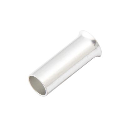 Silver, non-insulated wire ferrule for electrical work, showcasing cylindrical shape and smooth finish. Suitable for 12 gauge wire.