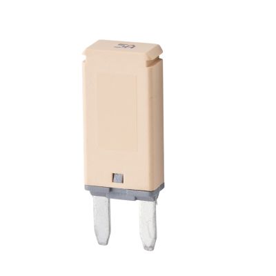 Light brown blade-style MINI circuit breaker; auto reset with a 5 amp capacity. Ideal for automotive use.