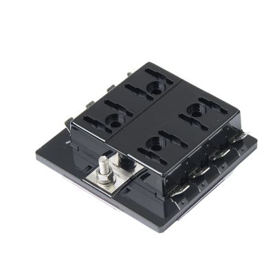 Black 8-position ATC/ATO blade fuse panel with metal terminals, designed for electrical component protection and organization.