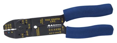 Multi-function tool for cutting, stripping, and crimping wires, featuring blue handles and AWG guides.
