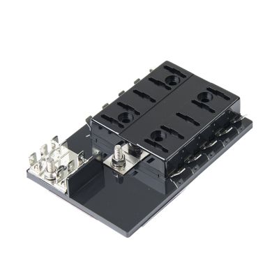 Black ATC/ATO fuse panel with grounding pad, featuring ten positions for secure electrical connections.