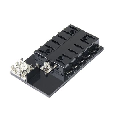 Black 12-position ATC/ATO fuse panel with grounding pad, featuring multiple connection points and sleek design for efficient wiring.