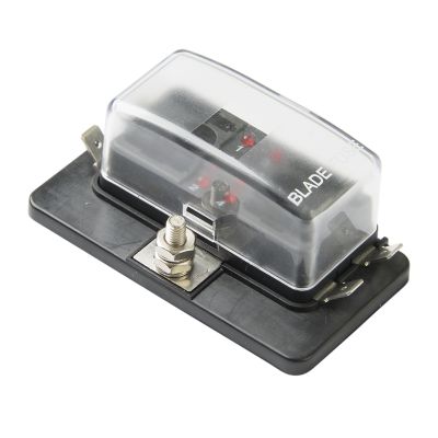 Clear fuse panel with LED warning light and four blade fuse slots, featuring a protective transparent cover and sturdy base.