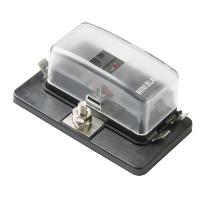 MINI fuse panel with LED warning light and four positions, featuring a transparent cover and a sturdy black base.