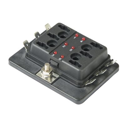 MINI LED fuse panel with six positions, featuring numbered slots and red indicator lights on a black base.