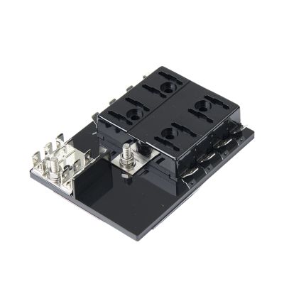 ATC/ATO fuse panel with grounding pad, featuring 8 positions and sleek black design for efficient circuit protection.
