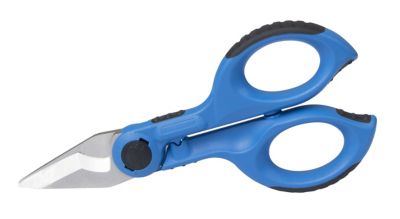 Blue heavy-duty wire scissors with ergonomic handles and sharp stainless steel blades, ideal for cutting cables and wires.