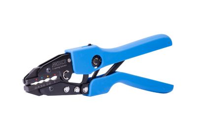 Blue-handled single crimp ratchet tool by Ancor for wire gauging, showcasing durable metal construction and ergonomic design.