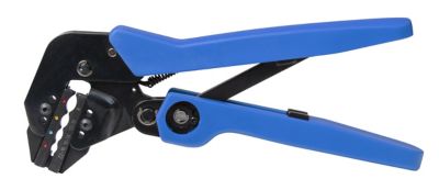 Blue-handled angled ratcheting crimper tool with a textured black jaw, ideal for various wire gauges.