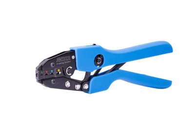 Blue-handled Ancor 703030 double crimp ratchet tool for versatile wire crimping tasks.
