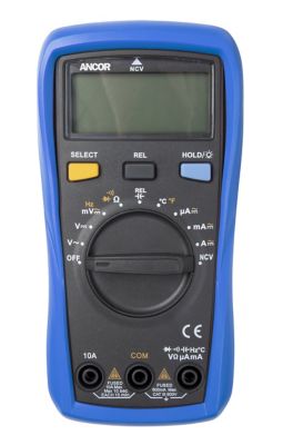 Digital multimeter displaying multiple functions with a blue and black design, featuring a large screen and dial for measurement.