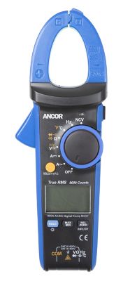 Digital clamp meter by Ancor with blue accents, featuring True RMS and multiple measurement functions.