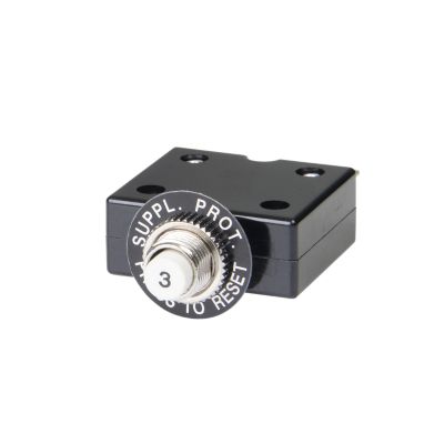 Push button circuit breaker with a black casing and a resettable white button marked with "3", designed by Carling Technologies.