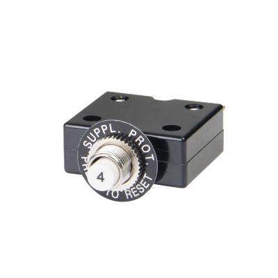 Black push button circuit breaker with a white reset button, featuring protective labeling and compact design.