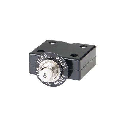 Carling Technologies CLB Series, 5 Amp push button circuit breaker with black casing and reset feature.