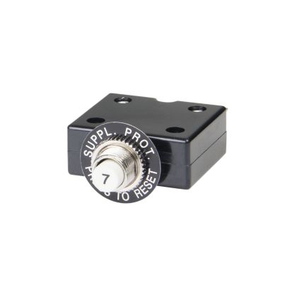 Carling Technologies push button circuit breaker, black casing, silver threaded reset button, labeled for 7 amp protection.