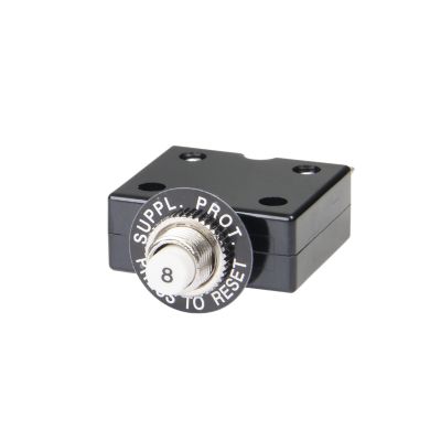 Push button circuit breaker, black casing, reset button labeled 8, compact design, Carling Technologies CLB Series.