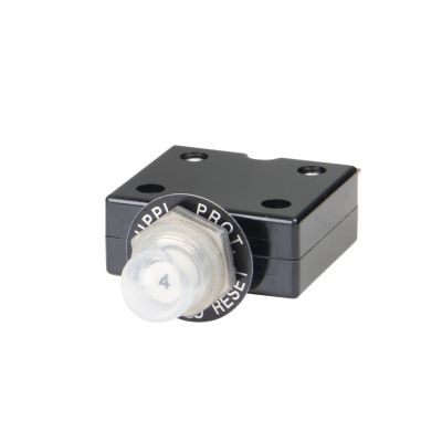 Black push button circuit breaker with metal terminals and transparent boot, from Carling Technologies CLB Series.