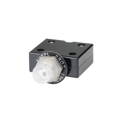 Carling Technologies 5 Amp push button circuit breaker with protective boot, featuring a compact black design.