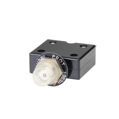 Push Button Circuit Breaker with protective boot, featuring a compact design and clear labeling, ideal for electrical protection.