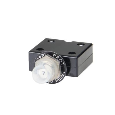Push button circuit breaker with boot, featuring durable black casing, labeled for easy reset, by Carling Technologies.
