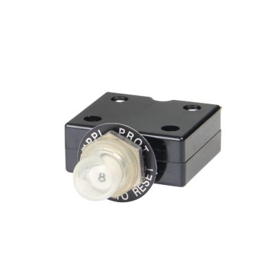 Push button circuit breaker with protective boot, featuring a compact design suitable for electrical safety applications.