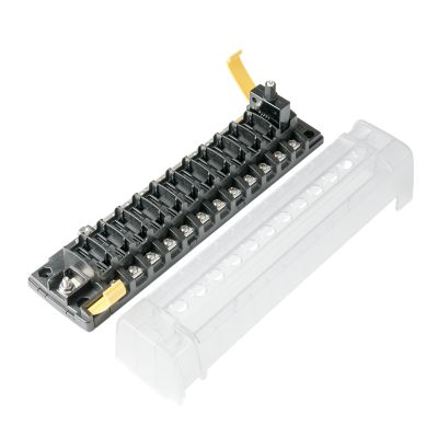 Blue Sea Systems circuit breaker block with ground, 12 circuits, black casing, yellow accents, transparent cover.