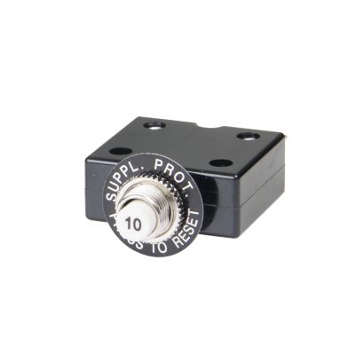 Push button circuit breaker with black casing and labeled reset button.