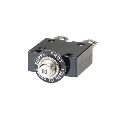 Push button circuit breaker with black casing and labeled reset button.