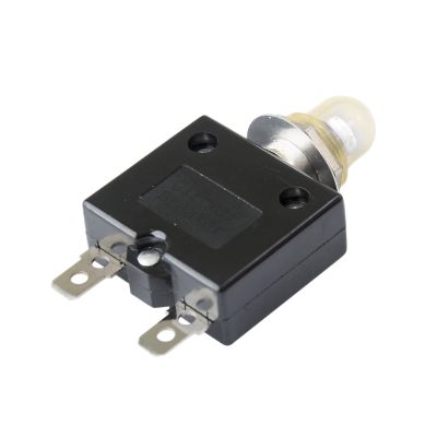 Black push button circuit breaker with metal terminals and transparent boot, from Carling Technologies CLB Series.