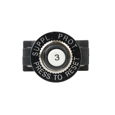 Carling CMB Thermal Push Button Circuit Breaker, black casing with white center button, labeled "Press to Reset."