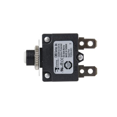 Carling CMB thermal push button circuit breaker, low amp, featuring black casing and silver connectors.