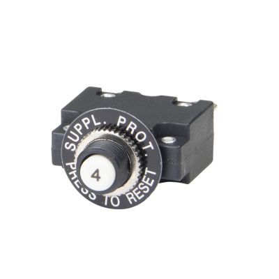 Push button circuit breaker from Carling Technologies, CMB Series, featuring a reset button with protective labeling.