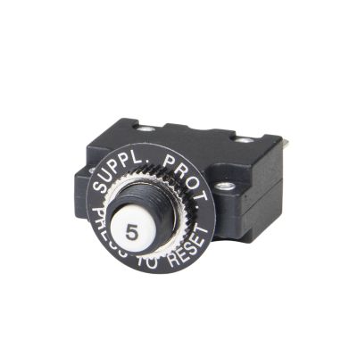 Push Button Circuit Breaker, Carling 5 Amp CMB Series, Highlighting Black Casing and Reset Button for Electrical Safety.
