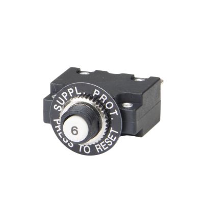 Black push button circuit breaker with reset text, featuring a labeled 6 Amp button, suitable for electrical use.