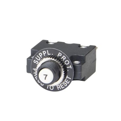 Push button circuit breaker by Carling Technologies, featuring a black body with labeled reset button for 7 Amp protection.