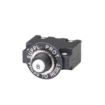 Push button circuit breaker, black casing, reset button labeled '8', suitable for electronics protection.
