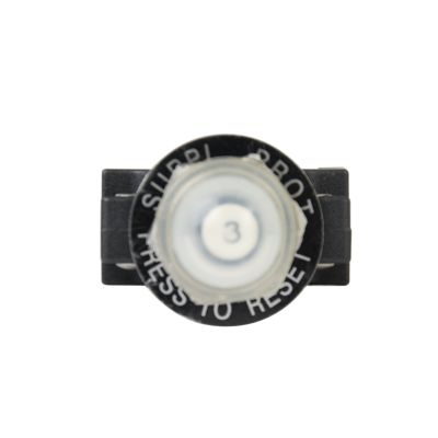 Carling CMB Thermal Push Button Circuit Breaker with protective boot, featuring a central reset button and labeled surround.
