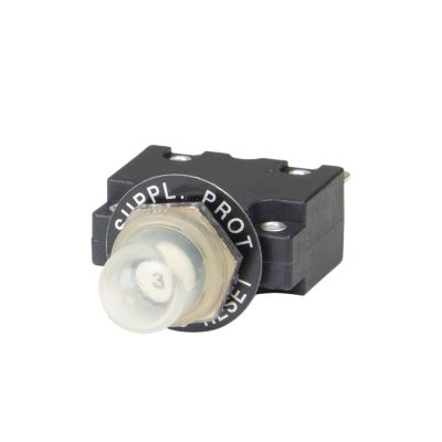 Carling CMB thermal push button circuit breaker with protective boot, featuring a compact black design and visible reset button.
