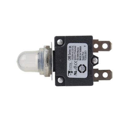 Carling CMB thermal push button circuit breaker with clear protective boot, ideal for low-amp applications.