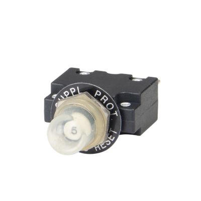 Push button circuit breaker with protective boot and reset feature, featuring Carling Technologies design for electrical safety.
