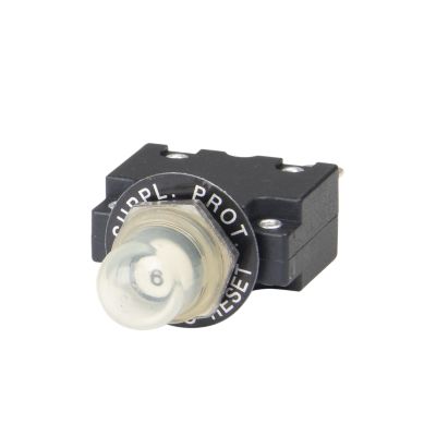 Push button circuit breaker with boot, labeled and designed by Carling Technologies, showcasing durable black casing.