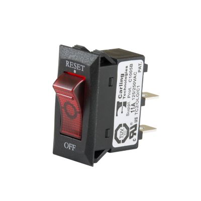 Red Carling Technologies circuit breaker switch, non-lit, with reset button, black casing, suitable for 10 Amp usage.