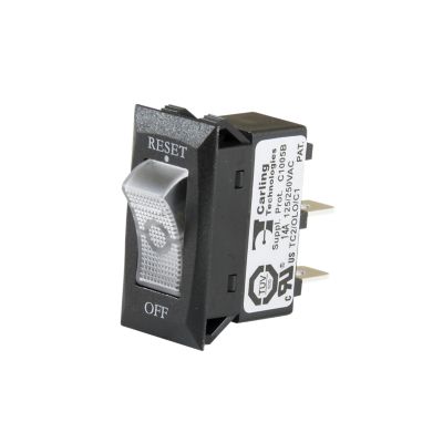 Carling Technologies 10 Amp switch thermal circuit breaker, clear non-lit design, featuring reset and off options.