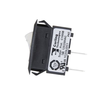 Carling circuit breaker with labeling, toggle switch, and metal prongs shown in a side view on clearance sale.