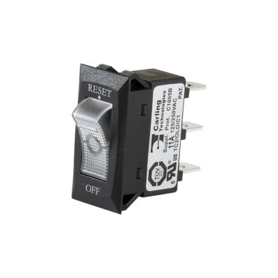 Carling Technologies 9 Amp switch thermal circuit breaker with a clear lit design, showcasing reset and off labels.